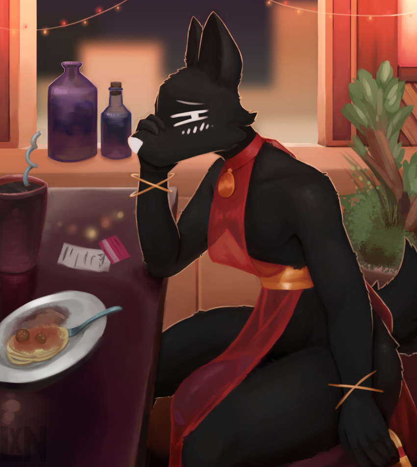 absurd_res anthro big_penis black_body blush canid canine clothed clothing collar femboy food fur genitals half-erect hi_res lennoxicon looking_at_viewer male mammal navel penis sitting skimpy solo tail tenting vague_(lennoxicon)