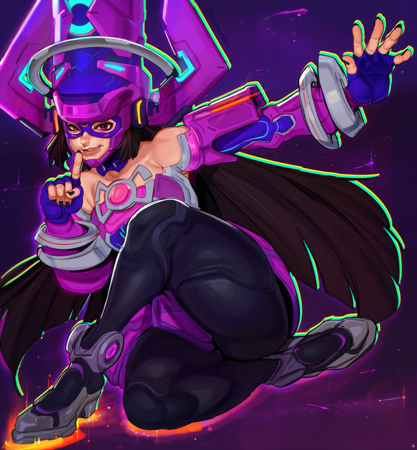 1girls black_hair cashumeru galacta galacta_(marvel_rivals) helmet leggings marvel marvel_rivals purple_background purple_eyes short_dress thick_thighs very_long_hair