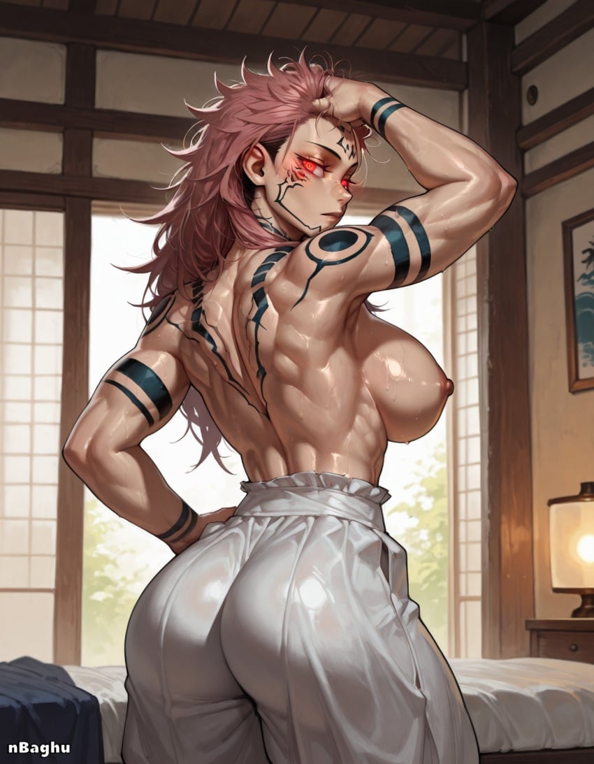 1girls ai_generated areolae arm_tattoo arm_up back_tattoo back_view big_ass expressionless face_tattoo forehead_tattoo genderswap_(mtf) hand_on_hip harem_pants highres jujutsu_kaisen large_breasts looking_back muscular muscular_back muscular_female nbaghu nipples obliques pink_hair red_eyes rule_63 ryoumen_sukuna_(jujutsu_kaisen) shiny_skin sideboob solo tattoo thick_thighs toned_female topless undercut