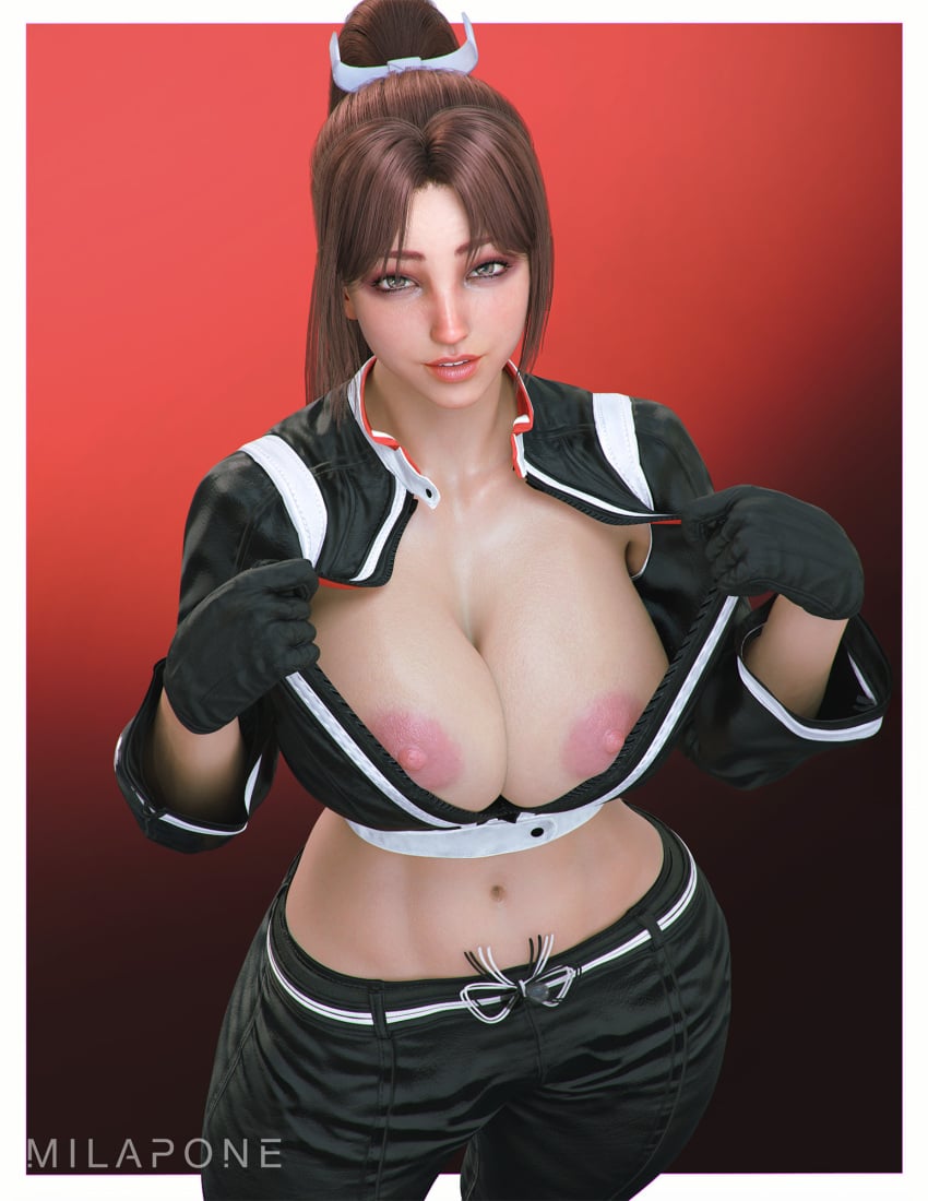 1girls 2025 3d areolae big_areolae big_hips breasts brown_hair exposed_breasts eyeshadow fatal_fury:_city_of_the_wolves female female_only front_view gloves high_ponytail honey_eyes huge_breasts jacket jacket_only king_of_fighters long_hair looking_at_viewer mai_shiranui mai_shiranui_(city_of_the_wolves) milapone navel nipples nude_underneath opening_jacket pants ponytail red_background red_eyeshadow red_lipstick revealing_breasts simple_background smile solo sports_jacket sports_pants standing street_fighter street_fighter_6 teeth_showing thick thick_female tied_hair very_long_hair wide_hips