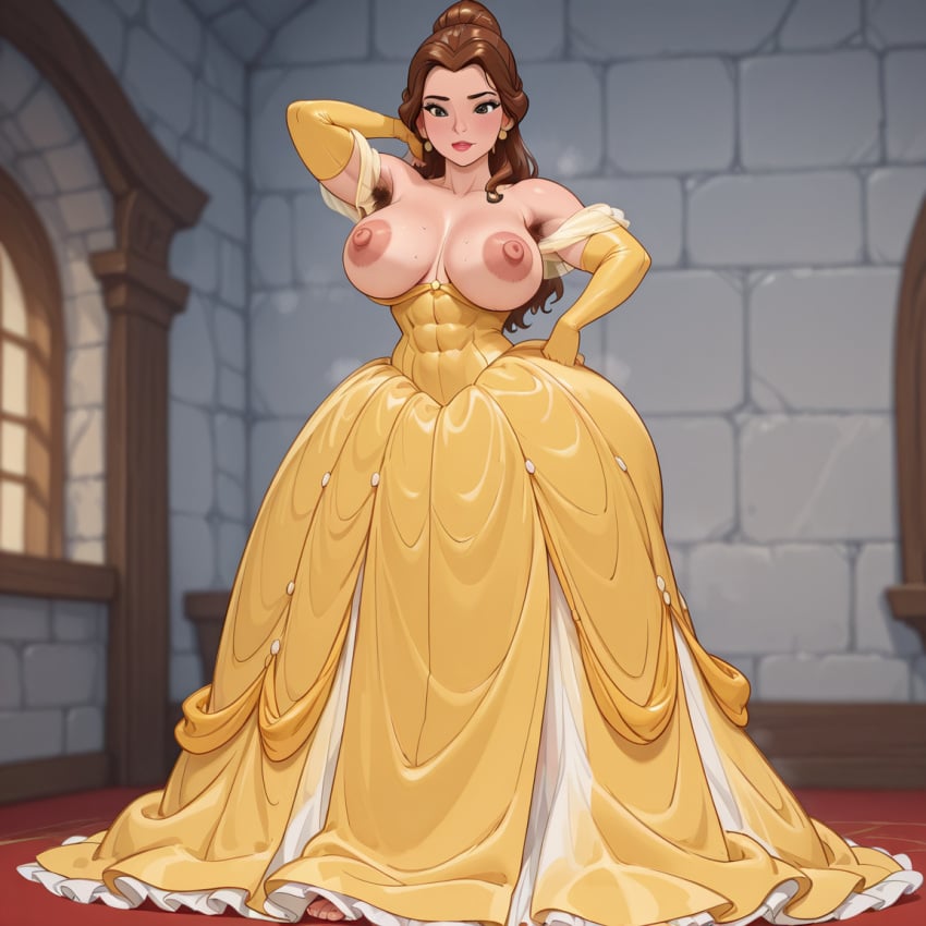 abs ai_generated beauty_and_the_beast_(1991_film) belle_(beauty_and_the_beast) buff buff_female c.c.leah cartoon disney exposed_breasts large_breasts muscular_female pubic_hair thick_thighs yellow_dress