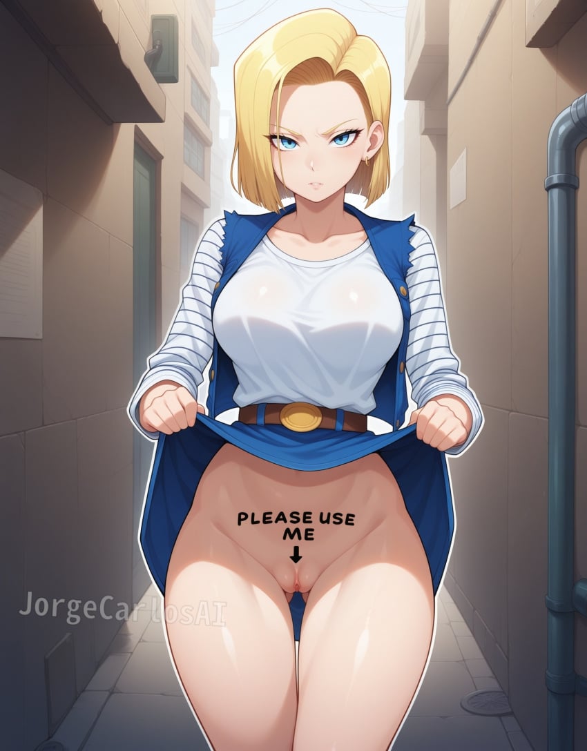 ai_generated alley android android_18 android_girl arrow arrow_(symbol) arrow_pointing_to_crotch big_breasts big_breasts big_breasts blonde_female blonde_hair blonde_hair blonde_hair_female blue_eyes breasts breasts breasts clothes_lift dragon_ball dragon_ball dragon_ball_super dragon_ball_z dragon_ball_z earrings female female female_focus female_only free_use grabbing_clothing jorgecarlosai lifted_skirt lifting_clothing lifting_skirt mature mature_female mature_woman milf pointing_at_pussy presenting_pussy public public_exposure public_indecency public_nudity public_use pussy short_hair skirt_lift skirt_lifted skirt_lifted_by_self slut standing text vagina watermark