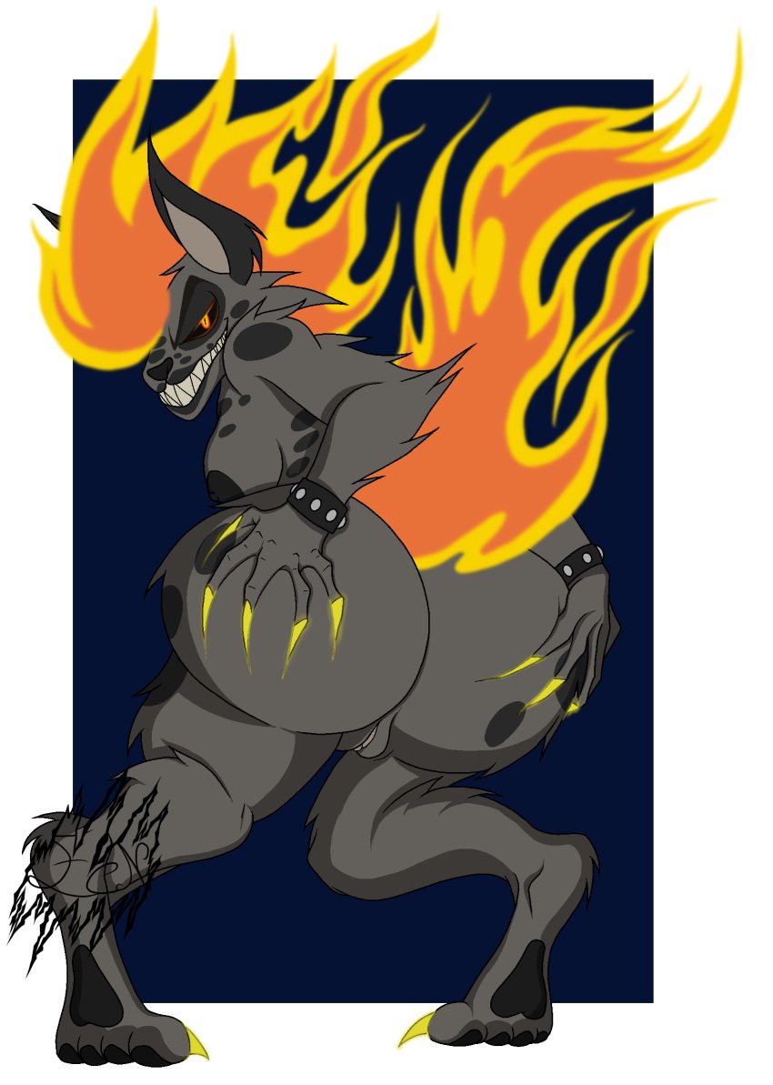 anthro ass bracelet butt_focus butt_grab canid canid_demon canine claws demon digitigrade ecn fan_character fangs female fire flaming_eyes flaming_hair flaming_tail fur glowing glowing_eyes grey_body grey_fur grin grinning_at_viewer hand_on_butt hellhound hi_res hyena jewelry looking_at_viewer looking_back looking_over_shoulders mammal markings mythological_canine mythological_creature mythology pointy_ears pseudo_hair sharp_teeth smile solo spots spotted_body tail teeth