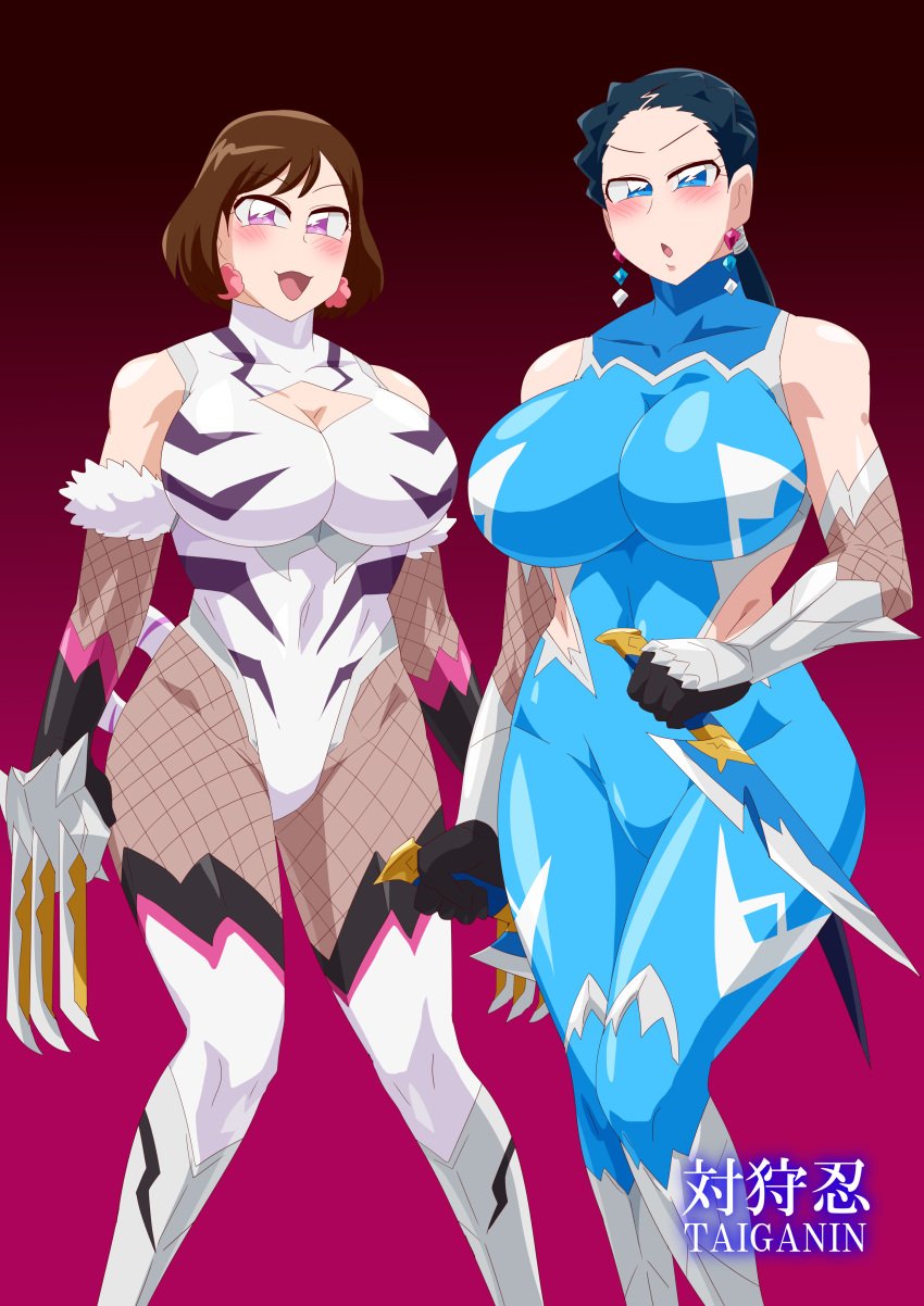 2girls alluring amu_(doubutsu_sentai_zyuohger) big_breasts black_hair blue_eyes bodysuit brown_hair cleavage doubutsu_sentai_zyuohger no_headwear otokam1117 pink_eyes sela_(doubutsu_sentai_zyuohger) shuriken_sentai_ninninger super_sentai