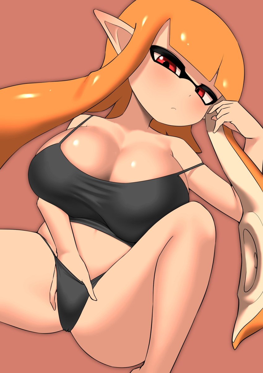 1girls 2025 barely_clothed big_breasts black_clothing black_panties blush blush blushing_at_viewer blushing_female breasts cleavage female female female_focus female_only fingering fingering_self hand_down_pants inkling inkling_girl kaori_(splatoon) light-skinned_female light_skin long_hair looking_at_viewer nintendo nobunagapero png red_eyes revealing_clothes shiny shiny_breasts shiny_skin simple_background solo solo_female solo_focus splatoon splatoon_(series) tentacle tentacle_hair thick_thighs thighs