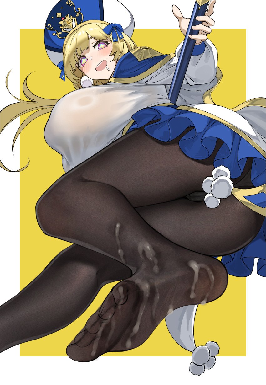 +_+ absurdres black_pantyhose blonde_hair blush breasts chosen_one's_archpriestess_veronica_(guardian_tales) cum cum_in_footwear cum_on_body cum_on_feet cum_on_legs cum_on_legwear feet female guardian_tales hat highres holding huge_breasts jewelry kora574 large_breasts legs long_hair looking_at_viewer no_shoes open_mouth pantyhose priest priestess purple_eyes simple_background smile solo staff star-shaped_pupils star_(symbol) symbol-shaped_pupils veronica_(guardian_tales)