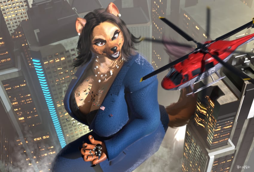 2020s 2025 3d 3d_(artwork) anthro anthro_female big_breasts big_breasts black_hair black_hair_female breasts breasts city female female_focus furry giant_female giant_woman giantess girl huge_boobs huge_breasts hyena hyena_girl kamala_harris kamala_harris_(hyena) macro macro_female sharp_teeth taylornoir