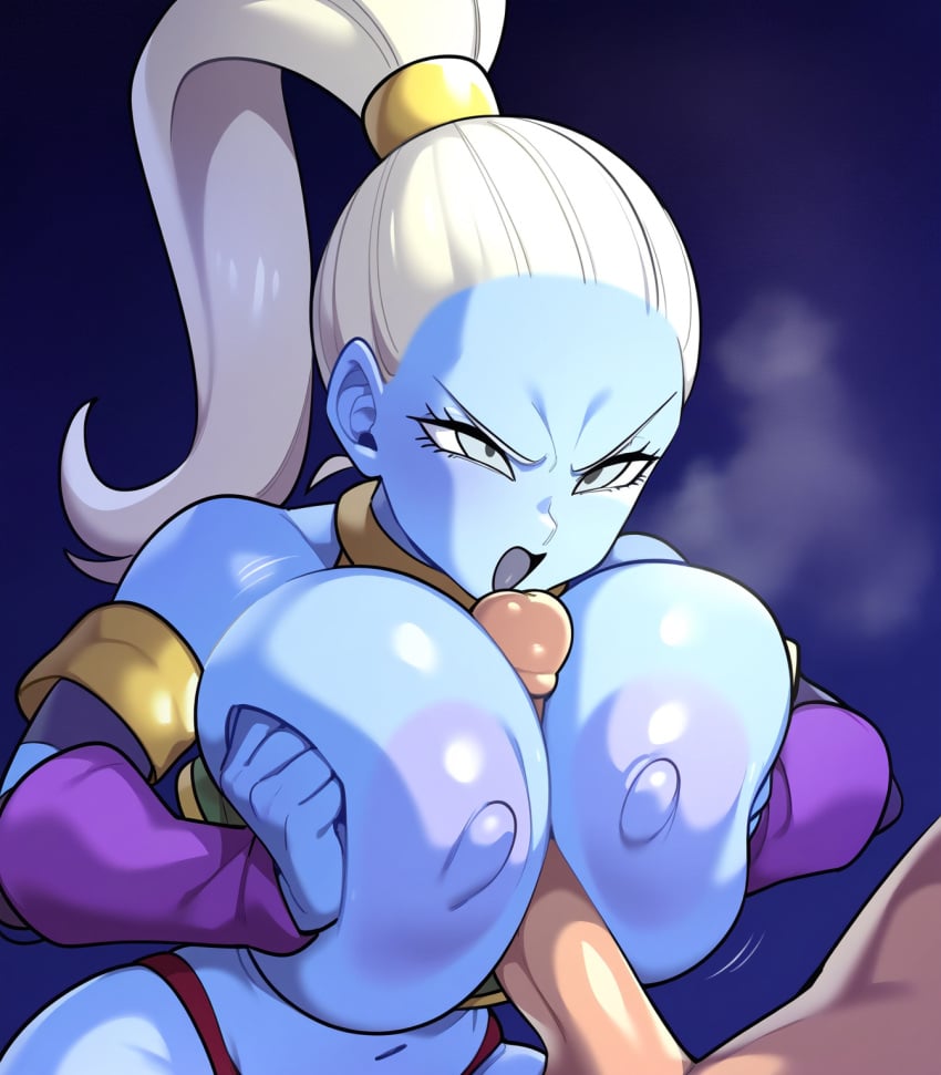 1boy 1girls ai_generated angel angel_(dragon_ball) blue_skin breasts_bigger_than_head divine divine_slut dragon_ball dragon_ball_super huge_breasts mullon novelai paizuri penis tall_female top_heavy vados white_hair