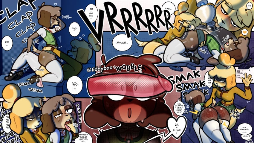 alternate_version_available animal_crossing ball_sucking chastity_cage comic comic_page crossdressing dialogue digby_(animal_crossing) femdom incest isabelle_(animal_crossing) kissing multiple_orgasms panties sex_toy spanking strap-on tiddybaa_(artist) vibrator