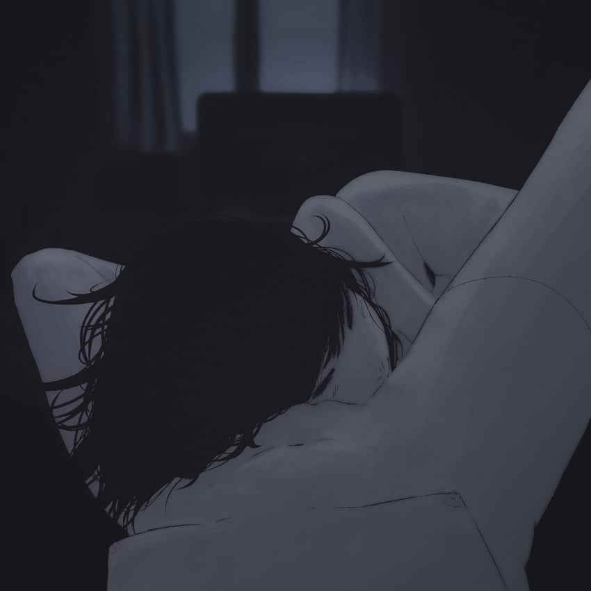 2girls black_hair blurry blurry_background breasts cleft_of_venus closed_eyes curtains female_pov lena_miaou messy_hair multiple_girls night nipples original pov pubic_hair sleeping small_breasts spread_legs stitches television window yuri