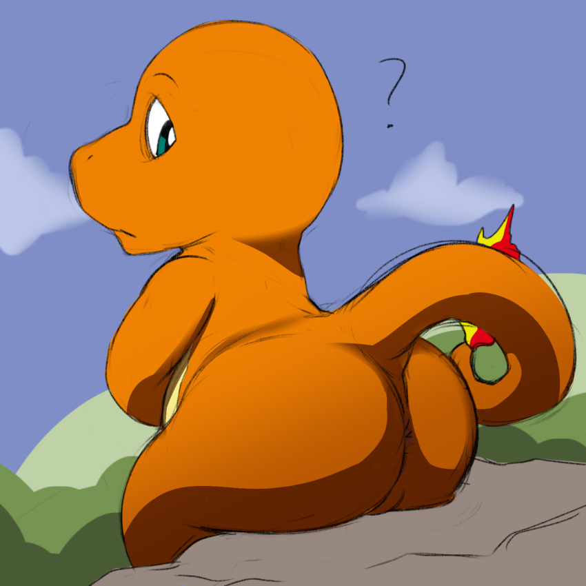 2014 ? ambiguous_gender anthro anus ass bald charmander dragon hi_res jerseydevil looking_back male_only nintendo nude orange_dragon outside pokémon_(species) pokemon sitting solo video_games