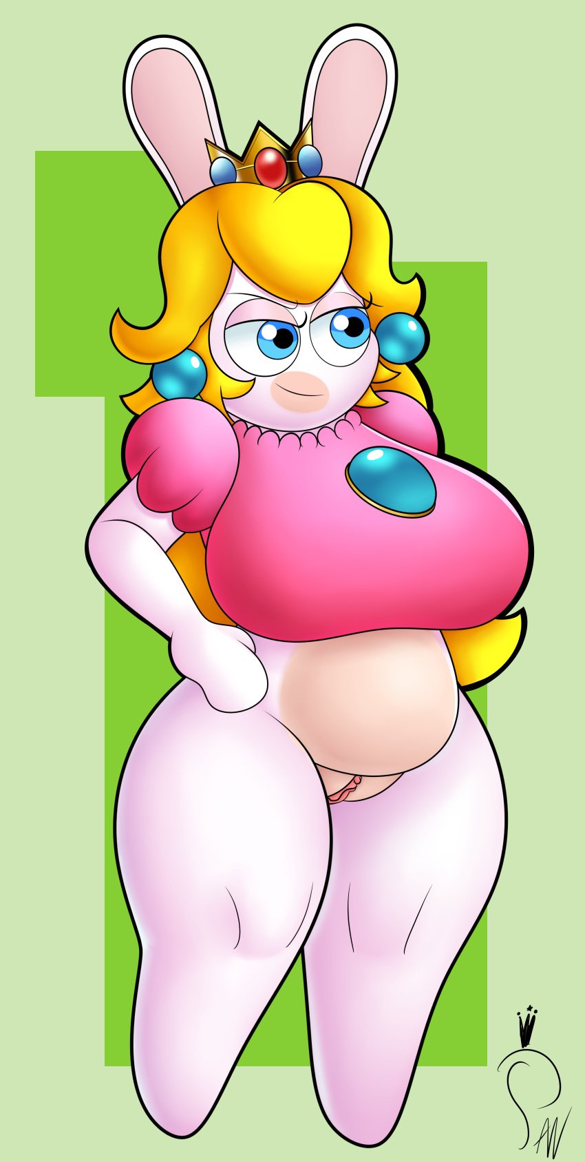 ass big_ass big_breasts big_eyes big_thighs blonde_hair blue_eyes crown dress earrings female female_focus female_only lagomorph long_hair mario_(series) mario_+_rabbids mario_+_rabbids:_sparks_of_hope nintendo partially_clothed pink_dress rabbid rabbid_peach raving_rabbids reypan shortstack smile smiling solo solo_female solo_focus thighs ubisoft