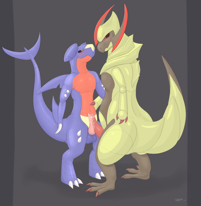 balls blush cum cum_on_penis cum_string duo erection frottage furry furry_only garchomp gay haxorus interspecies jetshark male nintendo penis pokemon pokemon_(species) size_difference standing tapering_penis teeth video_games