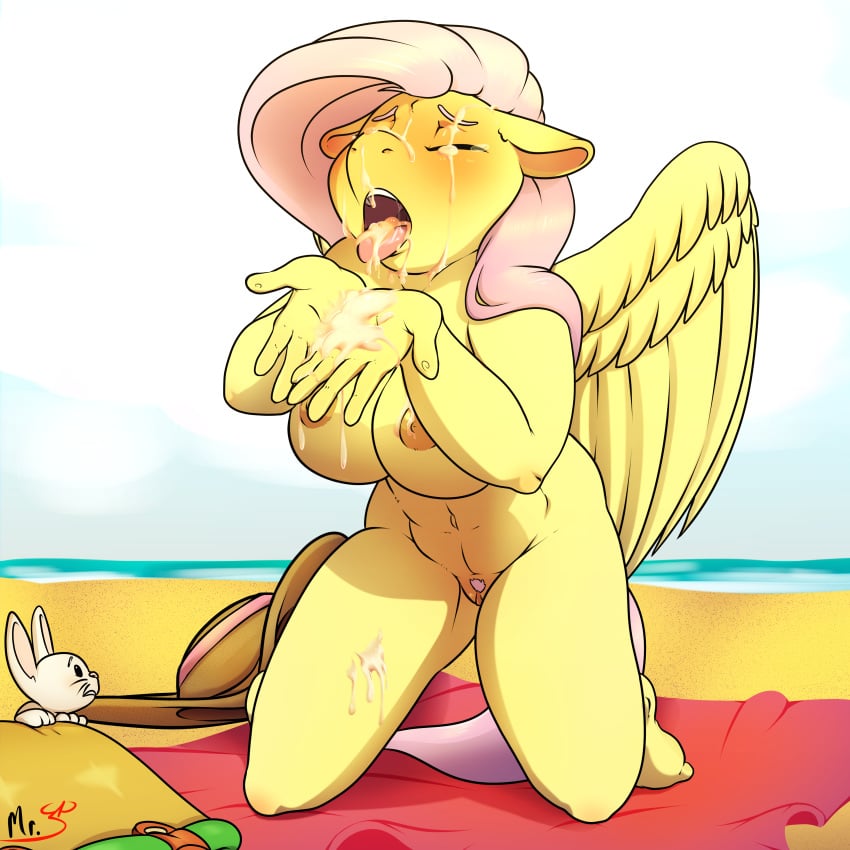 2018 5_fingers absurd_res after_sex alicorn angel_(mlp) anthro areola bag barefoot beach big_breasts blush breasts closed_eyes cum cum_on_face cum_on_hand cum_on_tongue duo equine eyebrows feathered_wings feathers female feral floppy_ears fluttershy_(mlp) friendship_is_magic hair hat hi_res horn kneeling lagomorph male mammal mr._smile my_little_pony navel nipples nude open_mouth outside pink_hair portrait pubes pussy rabbit seaside signature sky solo_focus teeth thick_thighs tongue tongue_out towel water wings yellow_feathers