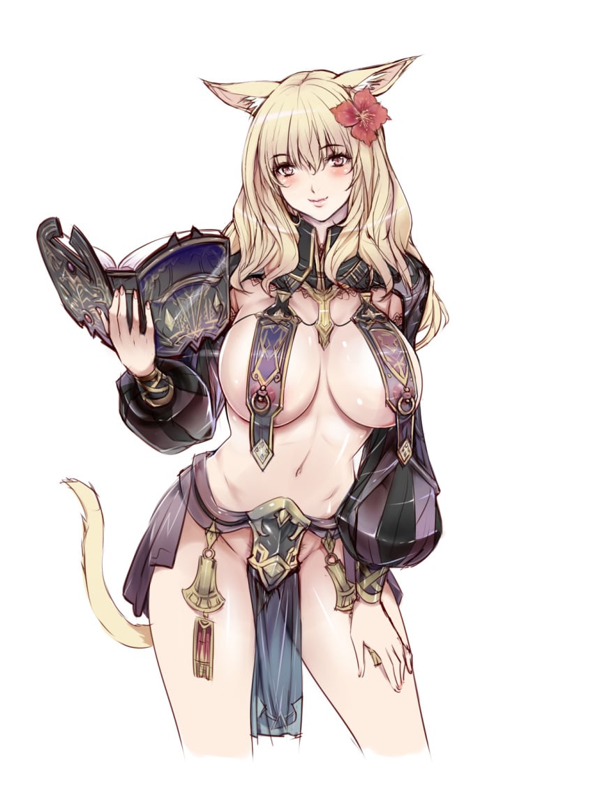 animal_ears blonde_hair blush book breasts cat_ears cleavage female final_fantasy final_fantasy_xiv hair large_breasts loincloth long_hair miqo'te navel nipple_piercing nipples piercing pubic_hair q_azieru see-through smile solo standing tail yellow_eyes