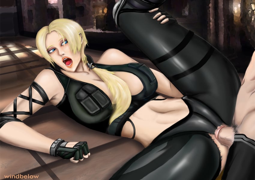 1girls 2d blonde_hair blue_eyes canon_couple clothed_sex female female_focus fingerless_gloves johnny_cage leg_lift missionary mortal_kombat mortal_kombat_(2011) netherrealm_studios open_mouth partial_male ponytail sonya_blade straight tied_hair torn_clothes windbelow