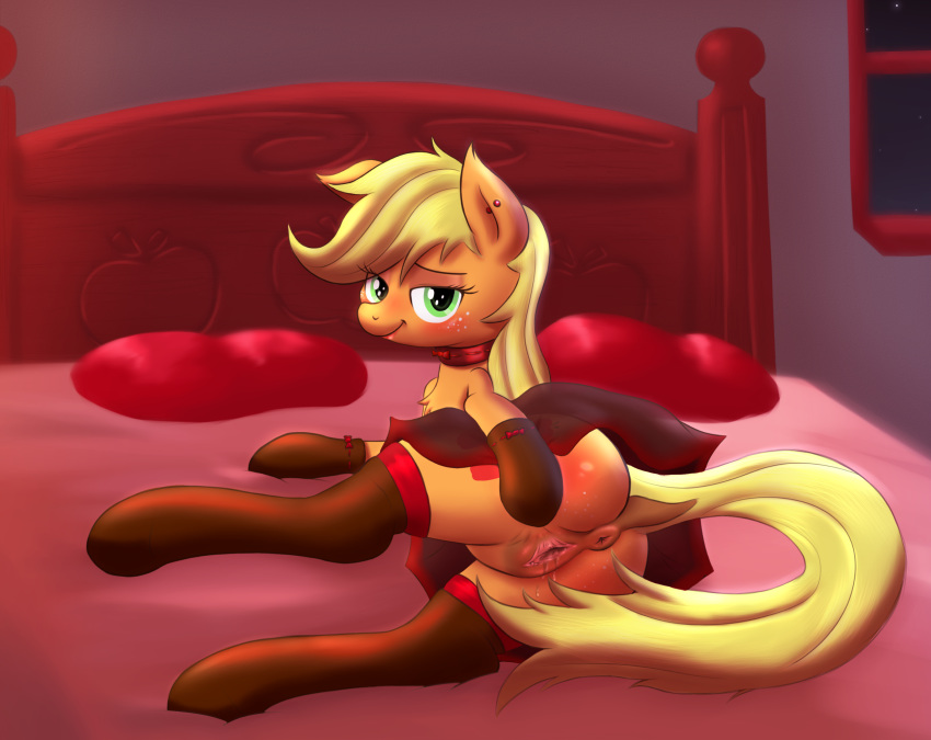 2014 anus applejack_(mlp) ass bedroom blonde_hair blush earth_pony equine female feral freckles friendship_is_magic fur green_eyes hair horse inside looking_at_viewer lying mammal my_little_pony on_bed on_side orange_fur pillow pony pussy smokedpone solo