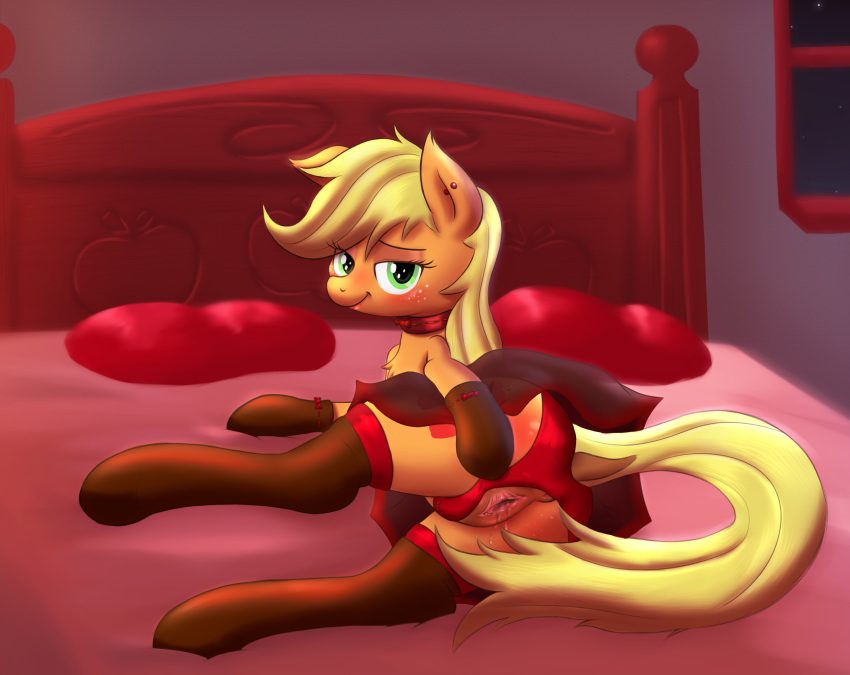 2014 applejack_(mlp) ass bedroom blonde_hair blush earth_pony equine female freckles friendship_is_magic fur green_eyes hair horse inside looking_at_viewer lying mammal my_little_pony on_bed on_side orange_fur pillow pony pussy pussy_juice smokedpone smooth_skin solo