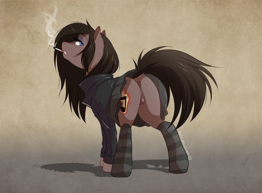 2014 anus ass blue_eyes cigarette clothing cutie_mark dennybutt equine female furry hair horse mammal my_little_pony original_character pony pussy shadow smoking socks solo striped_socks