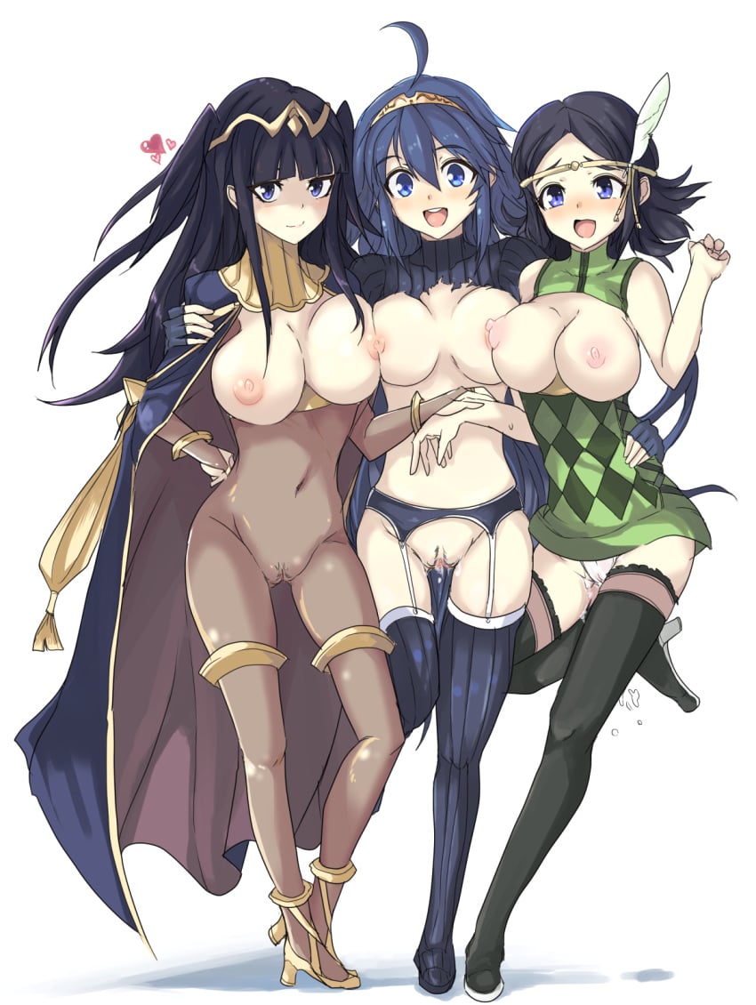 3girls areolae black_hair blue_eyes blue_hair blush bodystocking breasts echizen_(hvcv) female female_only fire_emblem fire_emblem_awakening garter_belt girl_sandwich high_heels highres human large_breasts long_hair looking_at_viewer lucina_(fire_emblem) mother_and_daughter multiple_females multiple_girls navel nipples noire_(fire_emblem) open_mouth panties pubic_hair puffy_nipples pussy pussy_juice sandwiched see-through smile tharja_(fire_emblem) thighhighs uncensored