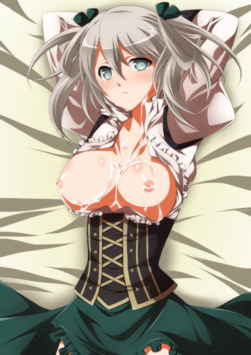 blue_eyes breasts ciel_alencon corset cum cum_on_body cum_on_breasts cum_on_upper_body female god_eater god_eater_2 highres ka2 nipples open_clothes open_shirt ribbon shirt short_hair short_twintails silver_hair solo tied_hair twintails