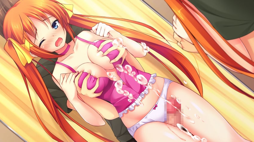 blue_eyes blush breast_grab censored chiri_(atlanta) chuablesoft collarbone female game_cg highres hinohara_kei long_hair no_bra open_mouth orange_hair panties penis tied_hair twintails underwear wagaya_no_himegami-sama! white_panties wince