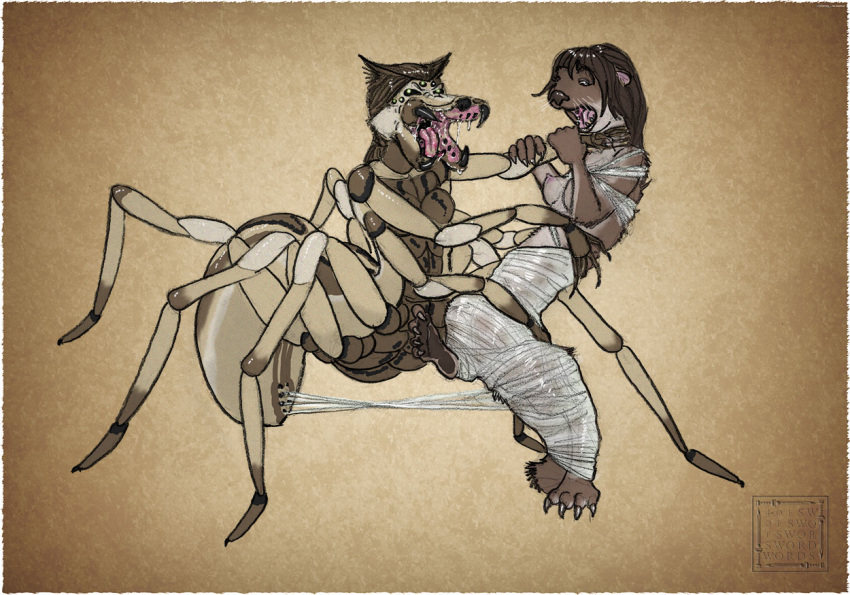 4ofswords anthro_only arachnid arthropod breasts brown_fur brown_hair canine drider female fur hair hybrid mammal mustelid nightmare_fuel nipples otter spider spider_web wolf wolfencognito wrapped