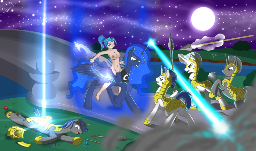 2014 absurd_res alicorn armor beam blue_eyes blue_hair breasts bridge brown_eyes crossover dota_2 equine eyeshadow female friendship_is_magic galea glowing grass grey_hair group hair helmet hi_res horn human laser luna_(dota) magic makeup male mammal moon my_little_pony necklace night nipples nude outside polearm ponytail princess_luna_(mlp) purple_eyes pussy river royal_guard_(mlp) sparkles spear star tied_hair two_tone_hair wings ziemniax