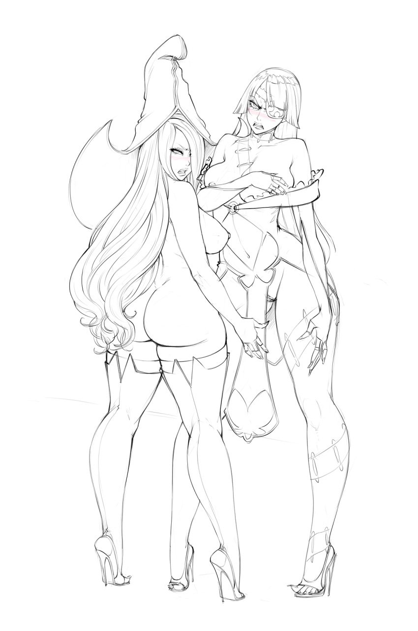 2girls adiane blush bravely_default:_flying_fairy breasts crossover duo female final_fantasy high_heels highres holly_whyte legoman monochrome multiple_females multiple_girls naked_footwear naked_heels naked_thighhighs nipples nude tattoo tengen_toppa_gurren_lagann thighhighs