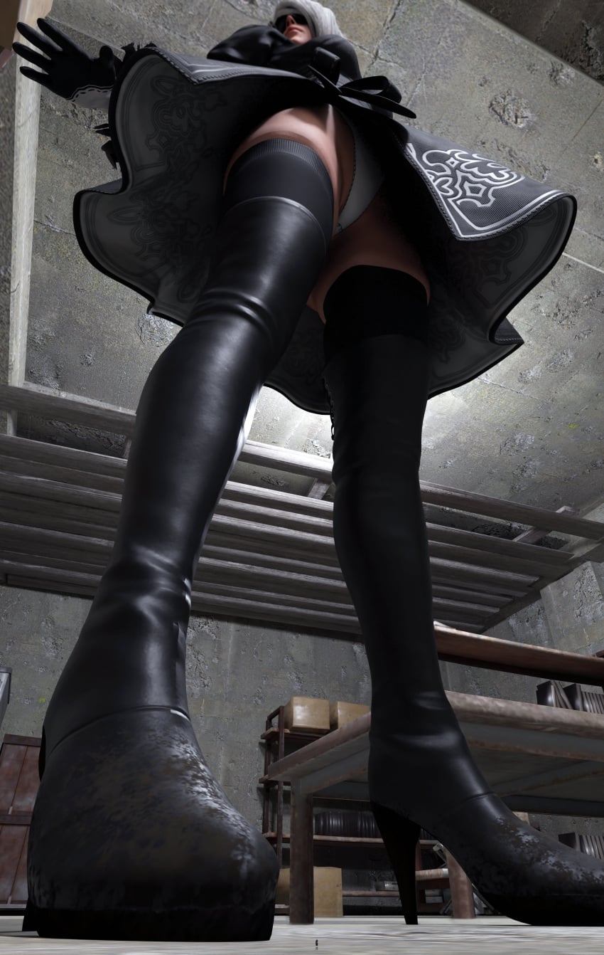 1boy 1girls blindfold female giantess light-skinned_female light-skinned_male light_skin low-angle_view male micro nier nier:_automata shrunk shrunken_male sinnersynthetic size_difference skirt thighhighs tiny tiny_male upskirt white_hair yorha_2b yorha_9s