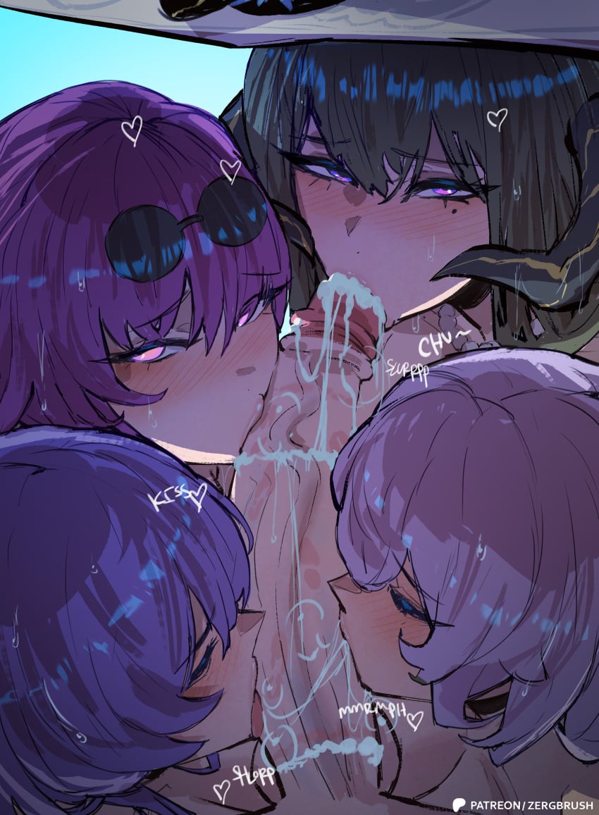1boy 4girls absurdres acheron_(honkai:_star_rail) black_hair black_swan_(honkai:_star_rail) caelus_(honkai:_star_rail) collaborative_fellatio cooperative_fellatio cum cum_in_mouth cum_on_body cum_on_penis demon_horns eyewear_on_head fellatio ffffm_fivesome fivesome hat highres honkai:_star_rail honkai_(series) horns hoyoverse kafka_(honkai:_star_rail) licking licking_penis light-skinned_female light-skinned_male light_skin long_hair male_pov mihoyo mole mole_under_eye multiple_girls oral penis pov purple_eyes purple_hair sun_hat teamwork_(sexual) the_dahlia_(honkai:_star_rail) uncensored white_hat zergbrush