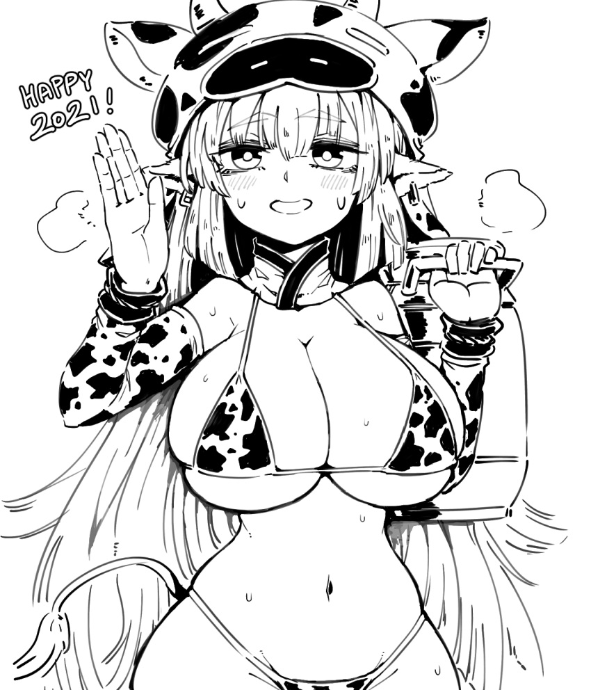 animal_ears animal_print bikini breasts catura_(granblue_fantasy) chinese_zodiac cleavage cow_ears cow_girl cow_hat cow_horns cow_print detached_sleeves draph ear_piercing female female formicid granblue_fantasy greyscale highres horns large_breasts long_hair looking_at_viewer monochrome navel piercing pointy_ears solo swimsuit waving_arm year_of_the_ox