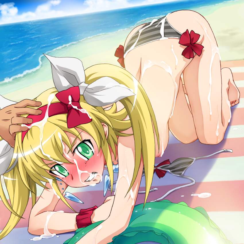 ass beach bikini blonde_hair blush bow breasts cum cum_on_ass cum_on_body cum_on_breasts cum_on_clothes cum_on_hair cum_on_lower_body cum_on_upper_body facial green_eyes hairband highres innertube nipples ocean ponytail saipaco sea shishidou_nami sora_wo_kakeru_shoujo striped swimsuit tears tied_hair topless twintails