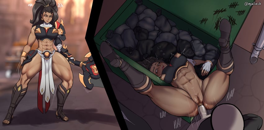 2koma anal bad_end big_ass big_breasts black_hair blush brown_hair dark-skinned_female defeat defeat_rape defeat_sex defeated defeated_heroine erect_nipples garbage garbage_bags garbage_bin instant_loss instant_loss_2koma knocked_out legs_up meowlinch muscular_female overwatch ponytail rape raped_by_enemy six_pack spread_legs thick_thighs thighs thrown_away trash vendetta