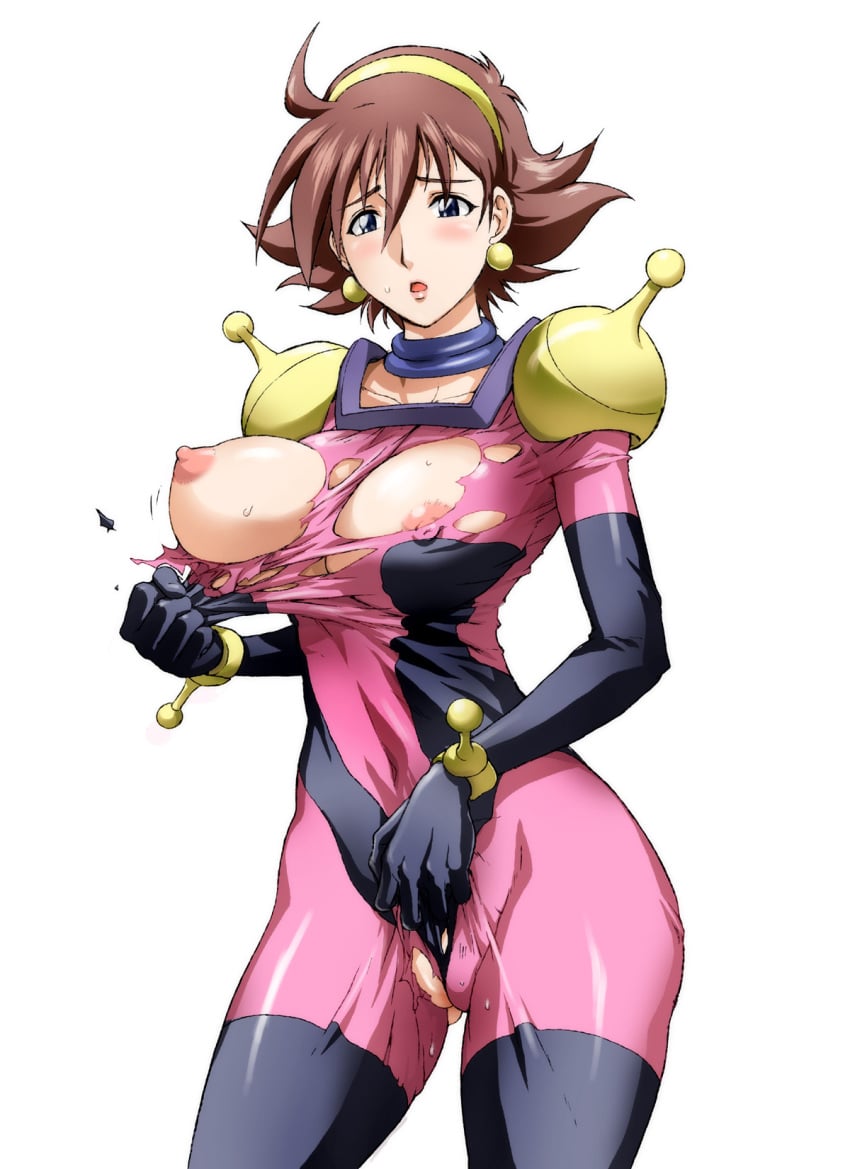 1girls 2009 between_labia blue_eyes blush bodysuit breasts brown_hair cameltoe curvaceous curvy earrings erect_nipples female flossing g_gundam gloves gundam hairband highres human innie_pussy jewelry konkitto large_breasts latex latex_gloves light-skinned_female light_skin looking_at_viewer mobile_trace_suit nipples one_breast_out open_mouth pilot_suit pointy_chin pussy rain_mikamura short_hair shoulder_pads simple_background solo sweat tearing_clothes tearing_off_own_clothes tearing_open_bottoms tearing_open_top torn_clothes wedgie white_background wide_hips