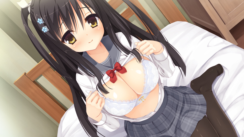 bed bed_sheet black_hair black_legwear blush bowtie bra breasts brown_eyes dutch_angle female game_cg hair_ornament lace_bra large_breasts long_hair looking_at_viewer muririn on_bed open_mouth pantyhose presenting sanoba_witch school_uniform serafuku sitting skirt solo togakushi_touko two_side_up unbuttoned underwear undressing wariza