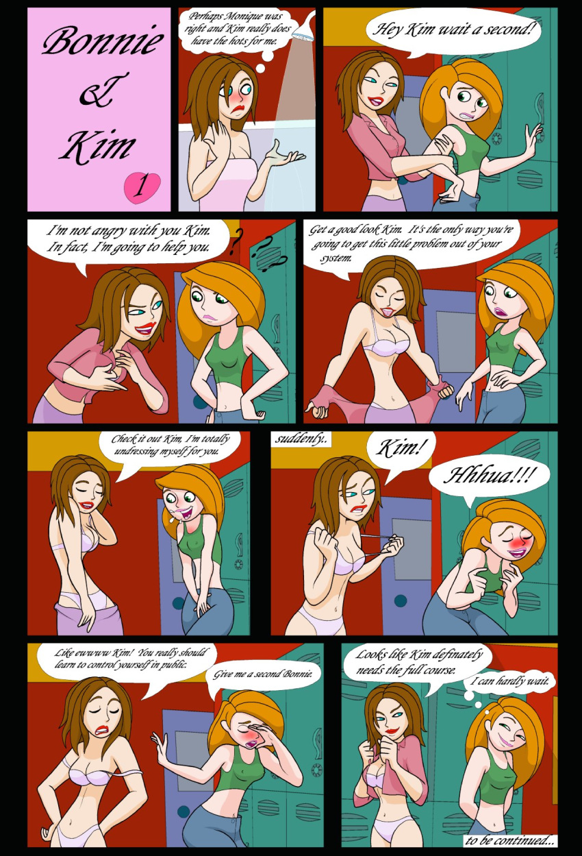 2girls bonnie_rockwaller bra clothing comic disney disney_channel english_text ethica female female_only human kim_possible kimberly_ann_possible multiple_girls panties straight_hair text towel undressing