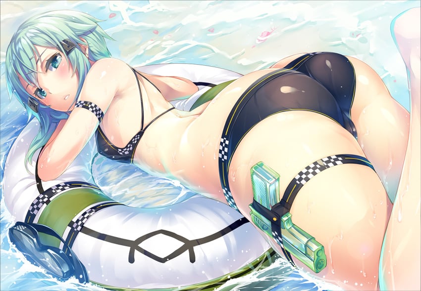 1girls asada_shino big_butt bikini blue_hair blush breasts butt cameltoe firearm goggles green_eyes green_hair gun gun_gale_online handgun hinasaki short_hair sinon solo swim_ring swimsuit sword_art_online sword_art_online:_phantom_bullet water weapon wet