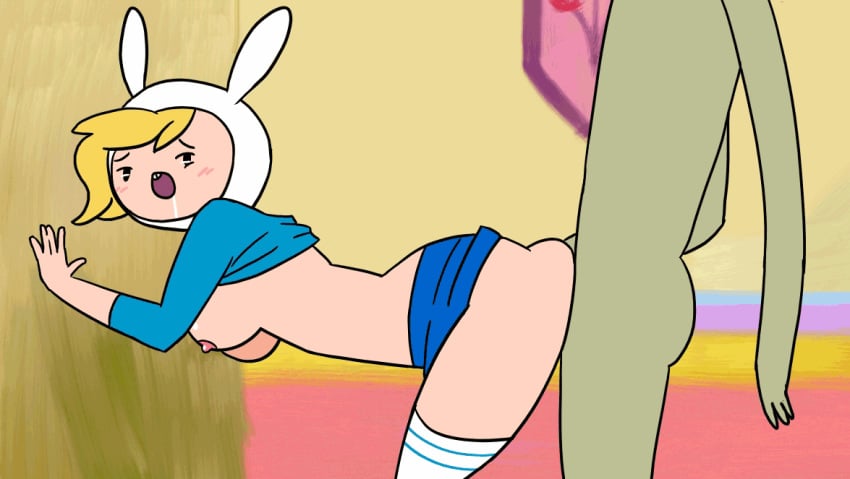 adventure_time animated blonde_hair breasts bulldozerart female fionna_the_human_girl from_behind gif hair hat human looking_back male marshall_lee nipples open_mouth penis sex straight thighhighs uncensored