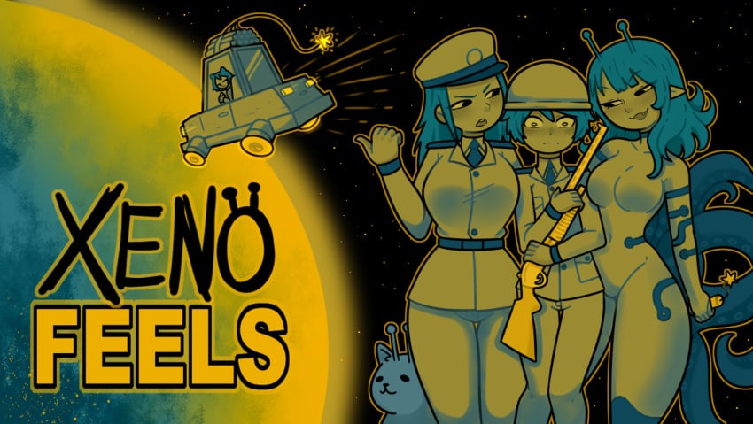 2026 2d alien big_breasts breasts car curvy curvy_female curvy_figure digital_media dynamite female flying_car general_commander_(xenofeels) glorp group helmet highres human imminent_snu_snu kota_(kotamota) kotamota male official_art player_character pointing promotional_art protagonist scifi sexy shotgun soldier tentacle trio uniform unknown_character xenofeels