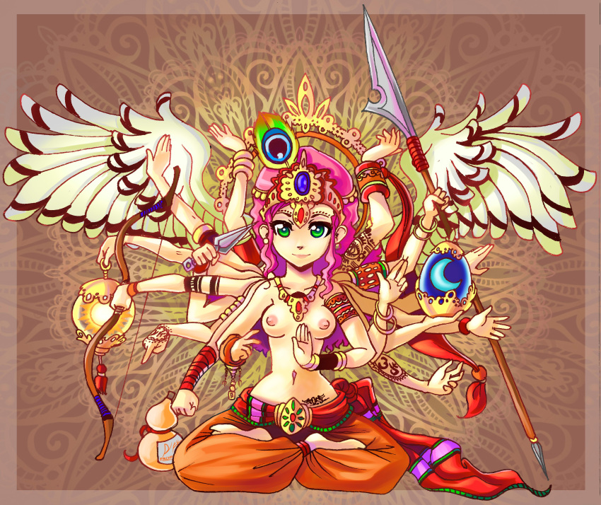 arabian_clothes armlet arms_up bandage barefoot bow_(weapon) bracelet breasts earrings elquijote female female_only forehead_protector goddess gourd green_eyes harem_outfit harem_pants highres knife lantern long_hair looking_at_viewer multi_arm multi_limb nipples original pink_hair sitting smile solo spear tattoo topless weapon wings