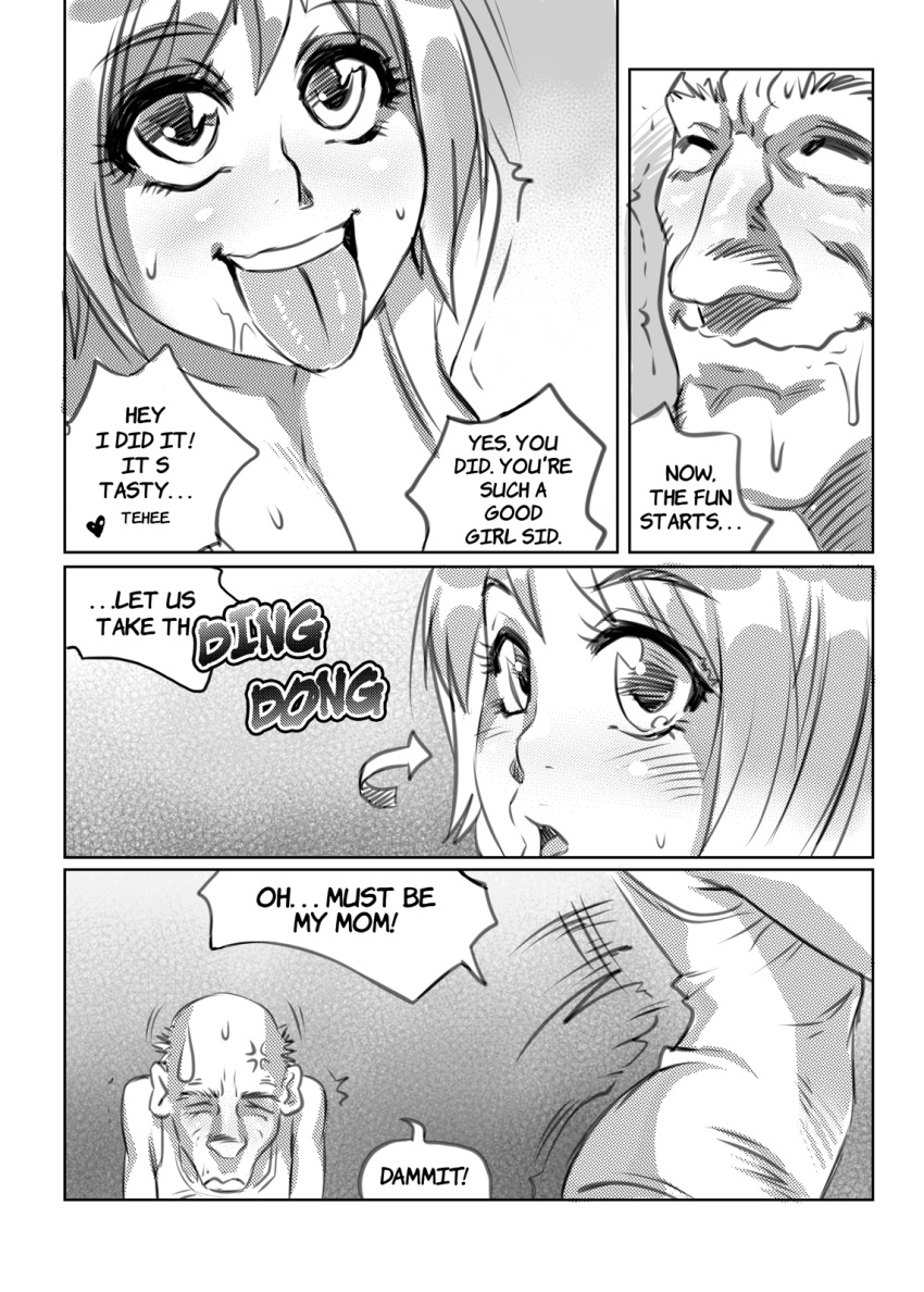 age_difference blush cleavage comic dialog female gokkun looking_up male melkor_mancin monochrome sidney sidney_(comic) sidney_swanson swallowing teen text tongue_out uncle_and_niece