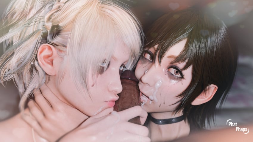 1boy 2girls 3d after_fellatio black_hair blonde_hair choker cum cum_on_face erection female ffm_threesome final_fantasy final_fantasy_xv holding_penis iris_amicitia lunafreya_nox_fleuret male penis phatphaps running_mascara runny_makeup square_enix threesome