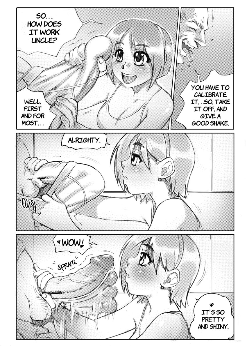 age_difference blush breasts clothed clothed_female comic dialog english english_text erection female handjob handjob_over_clothes happy large_breasts male melkor_mancin monochrome pants_down penis sidney sidney_(comic) sidney_swanson smile teen testicles text uncensored uncle_and_niece young