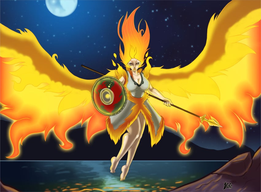 anthro breasts lurkergg moltres pokemon red_hair weapon wings