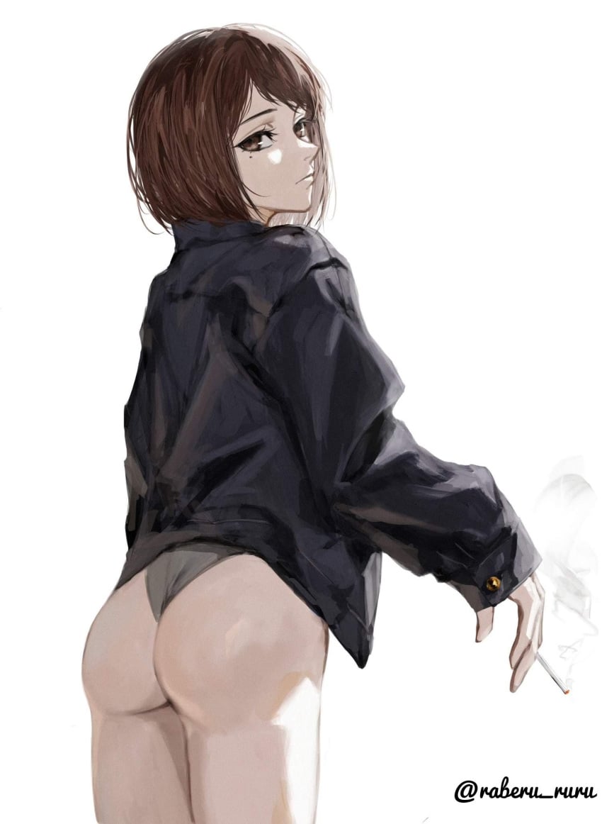 1girls 2d 2d_(artwork) 2d_artwork anime anime_character ass ass_cleavage ass_crack background blank_background blank_expression blank_eyes blank_stare bored bored_expression brown-eyed_female brown-haired_female brown_eyes brown_hair butt cigarette cigarette_in_mouth cigarette_smoke digital digital_art digital_drawing digital_drawing_(artwork) digital_media digital_media_(artwork) drawing emotionless fanart female female_focus female_only fingernails fingers gluteal_fold groin head_tilt jujutsu_kaisen lean_figure legs_closed legs_together looking_at_viewer looking_back looking_back_at_viewer looking_down looking_down_at_viewer mappa mole mole_on_body mole_on_cheek mole_on_face mole_under_eye monotone_background narrow_waist neutral_expression one_color_background parted_bangs plain_background portrait profile raberu_ruru shoko_ieiri short_hair shueisha slender_body slender_waist slim_female slim_waist smoking smoking_cigarette solid_color_background solo standing thick_ass thick_butt thighs thighs_together tilted_head upper_body weekly_shonen_jump white_background