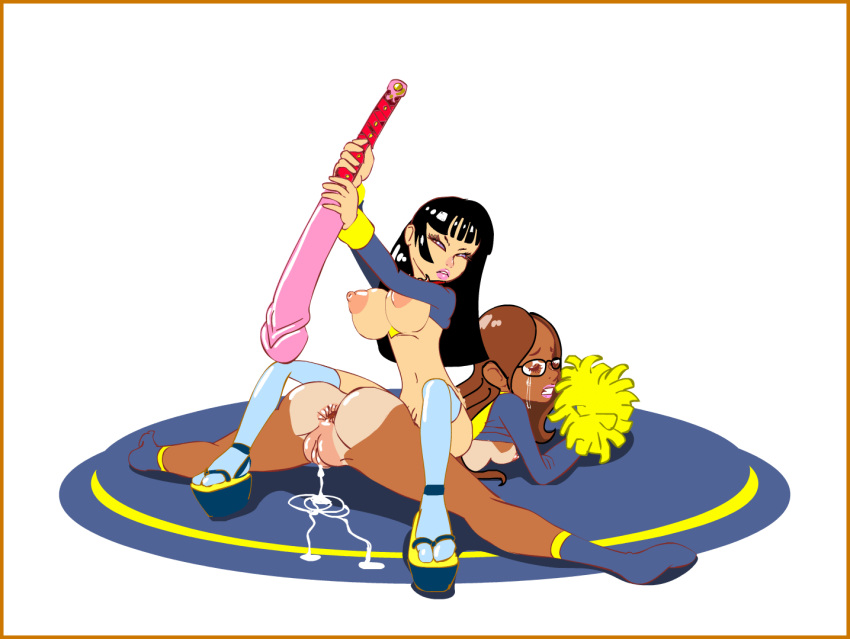 2girls anal anal_insertion angry animated artist_request black_hair bottomless brown_hair cheerleader cheerleaders dark-skinned_female dark_skin dildo dubious_consent female glasses interracial long_hair multiple_girls pussy_juice pussy_juice_drip rape rough_sex splits spread_legs tanline tears uncensored yuri