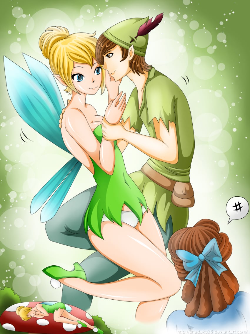 2girls bow breasts cleavage clothing disney dreaming dress fairy female growth human male panties peter_pan_(character) peter_pan_(disney) shadako26 straight tinker_bell wendy_darling white_panties