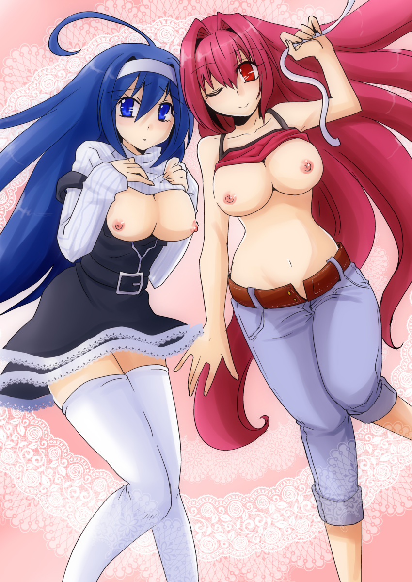 2girls ahoge bare_shoulders belt blue_eyes blue_hair breasts dress hairband long_hair midriff multiple_girls navel one_eye_closed open_mouth orie_ballardiae pants pink_background pink_hair red_eyes smile thighhighs under_night_in-birth yuzuriha_(under_night_in-birth)