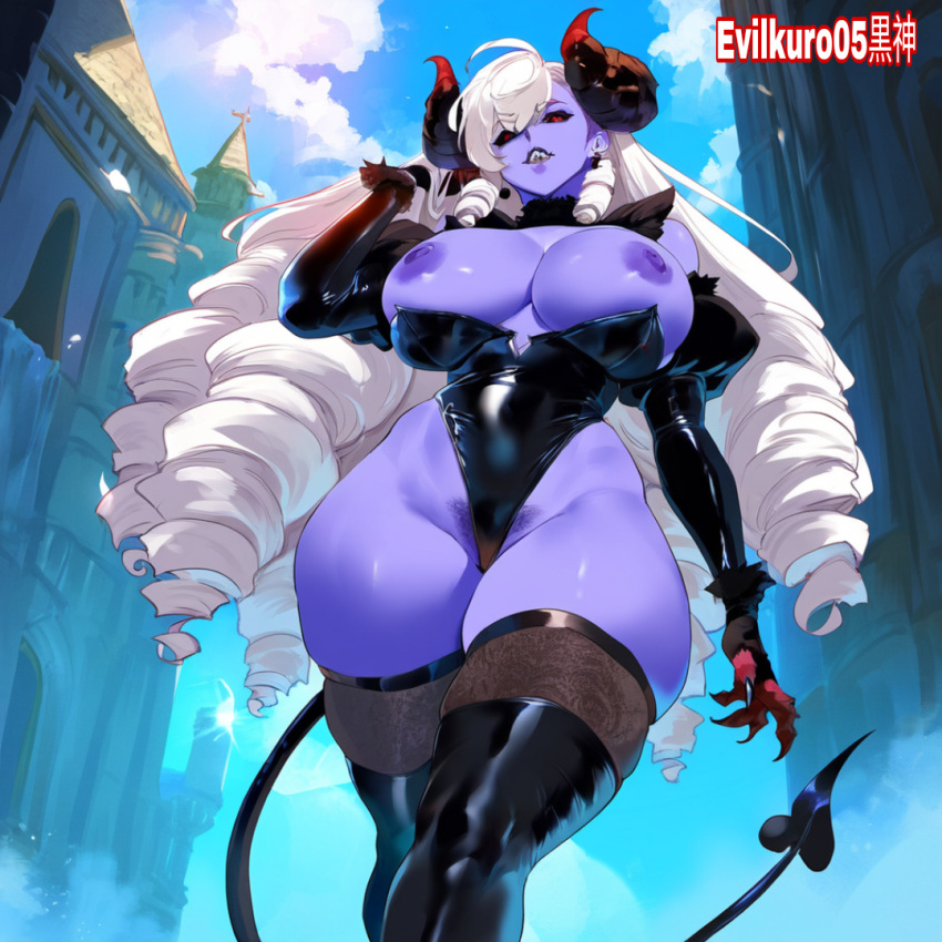 ai_generated athletic_female catwalk demon demon_girl demon_horns demon_tail drill_hair evilkuro05 original_character purple_skin white_hair